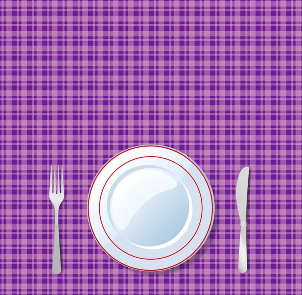 빈 접시, 나이프, 포크, vioet 체크 무늬 식탁보 backgrou에 — 스톡 벡터