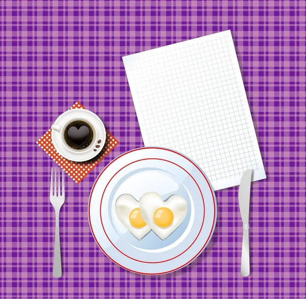 Sahanda yumurta ve kahve Menekşe tableclo üzerinde kalp şeklinde — Stok Vektör