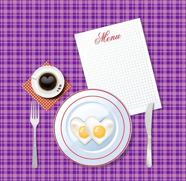 Смажені яйця у формі серця на білій тарілці та чашка кави з h — стоковий вектор