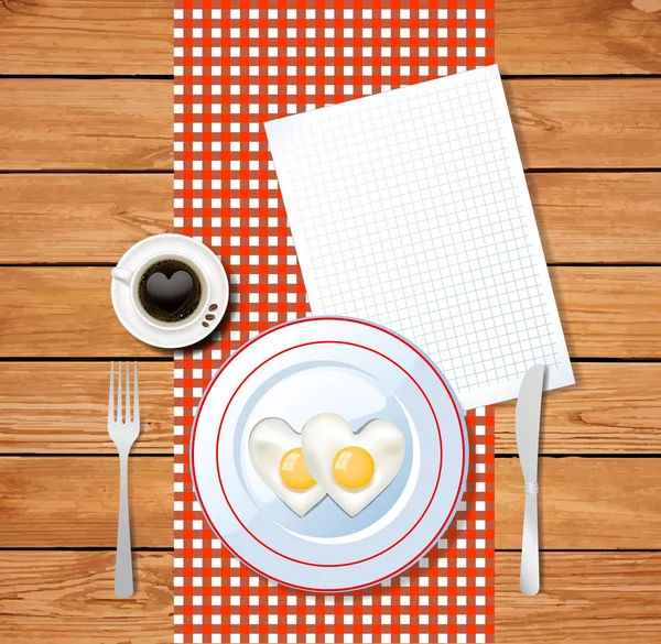 Kızarmış yumurta beyaz plaka ve girintili ile net sayfası üzerinde kalp şeklinde — Stok Vektör