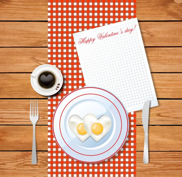 Heart shaped fried eggs on white plate and cup of coffee with h — Stock Vector
