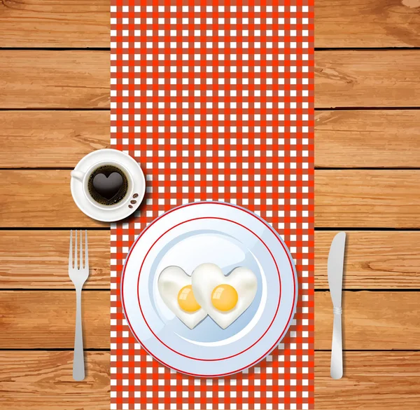 Kalp şeklinde kızarmış yumurta beyaz plaka ve kahve fincanı — Stok Vektör