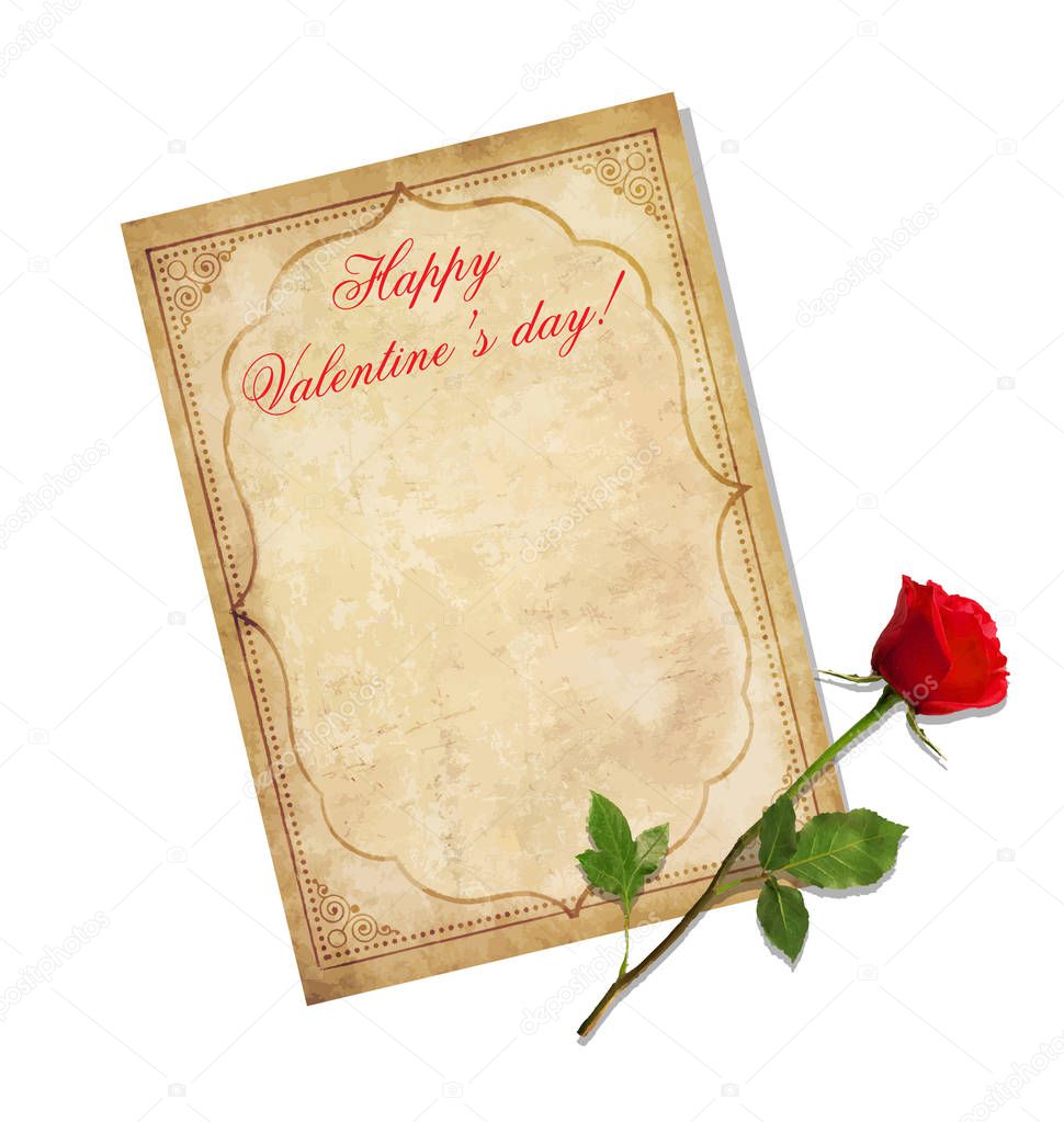Valentines day greeting card. Old grungy paper and red elegant r