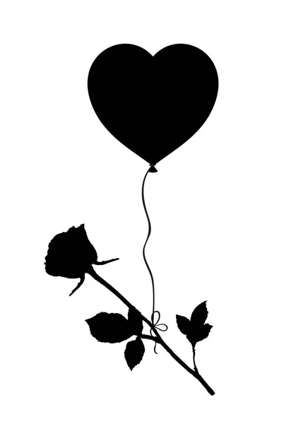 Silueta negra de rosa volando en globo del corazón aislado en wh — Vector de stock
