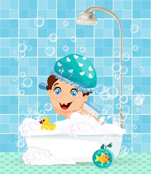 Cute little boy cartoon character in bathtub with foam — Stock Vector