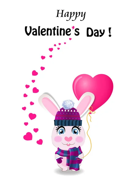 Valentýna blahopřání s roztomilý králík v pletená čepice — Stockový vektor