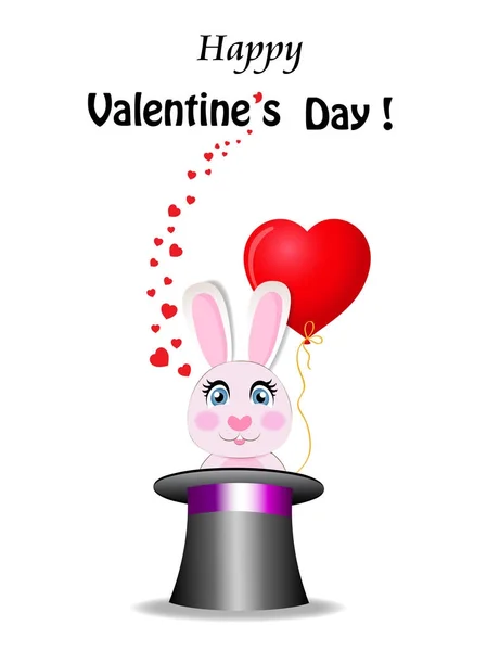 Cartão de Valentim com coelho bonito detém balão coração vermelho em magi —  Vetores de Stock
