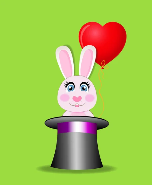 Conejo con globo rojo en cilindro mágico negro sobre fondo verde — Vector de stock