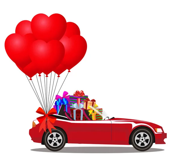 Röd tecknad cabriolet bil full av presentaskar och gäng balloo — Stockfoto
