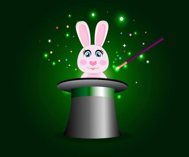 Bunny yeşil parlak parlaklık arka plan üzerinde değnek ile sihirli şapkalı.