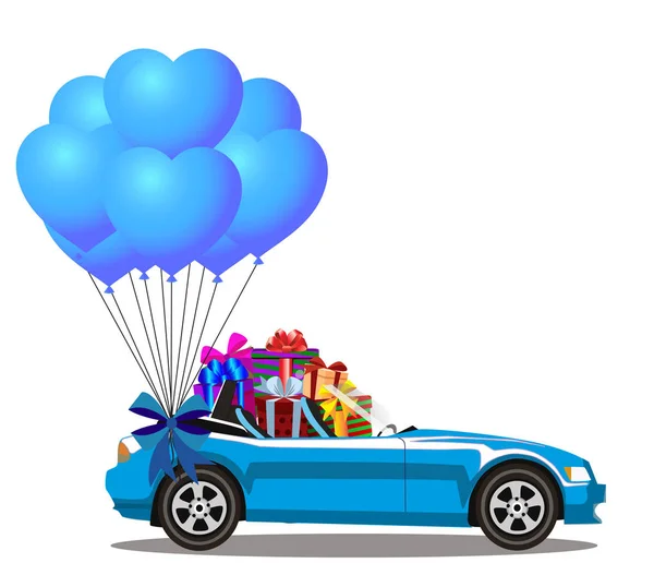Kreskówka niebieski otwarty nowoczesny samochód cabriolet z stosu prezentów — Wektor stockowy
