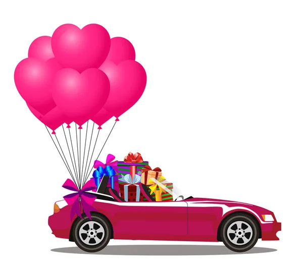 Рожевий мультяшний кабріолет з подарунками та купою кульок — стоковий вектор