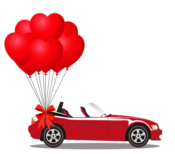 Czerwony kabriolet otwarty nowoczesny samochód z bukietem czerwonych balonów — Wektor stockowy