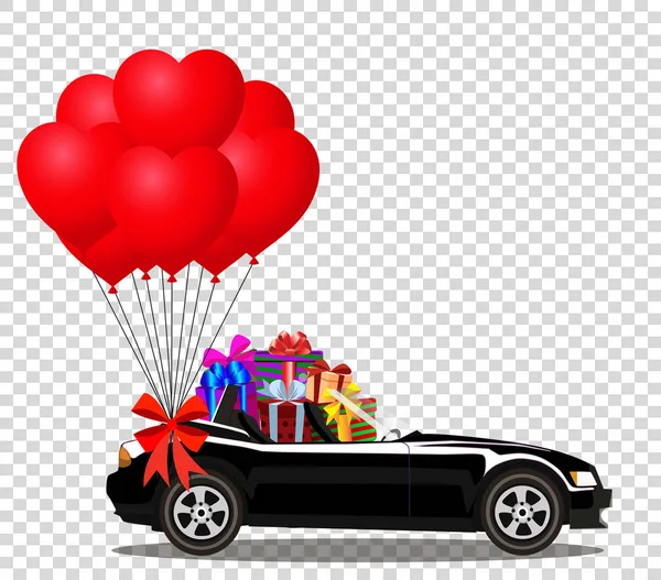 Svart cabriolet bil med presenter och massa rött hjärta ballonger — Stock vektor