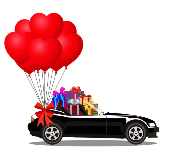 Svart tecknad cabriolet bil med högen av gåvor och ballonger — Stock vektor