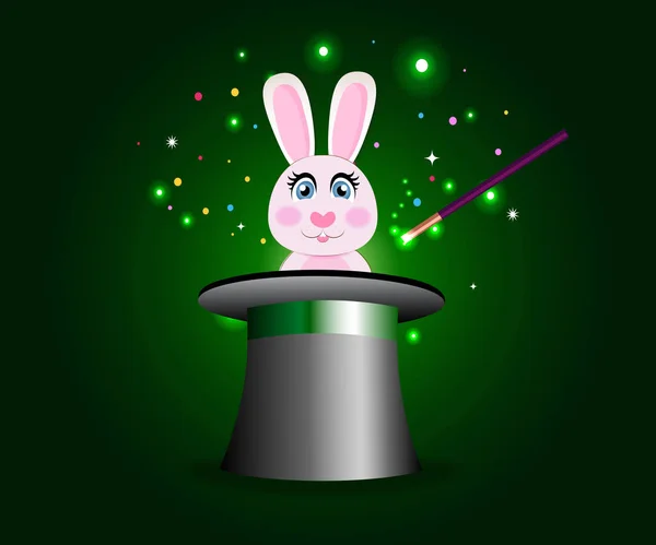 Bunny yeşil parlak parlaklık arka plan üzerinde değnek ile sihirli şapkalı. — Stok Vektör