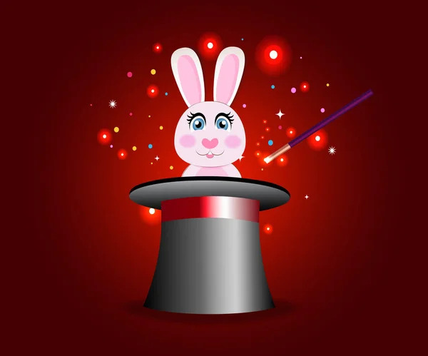 Bunny kırmızı parlak parlaklık arka plan üzerinde değnek ile sihirli şapkalı. — Stok Vektör