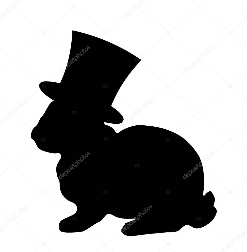 Black silhouette of fluffy rabbit or hare wearing magic cylinder top hat sitting  isolated on white background. Vector illustration, icon, logo, clip art.