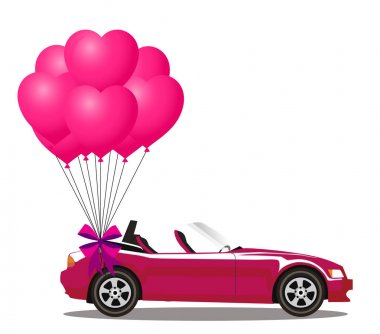 Pembe modern çizgi film cabriolet araba beyaz arka plan üzerinde izole Festival yay ile gül helyum kalp şeklinde balon grup ile açıldı. Spor araba. Vektör çizim. Küçük resim. 