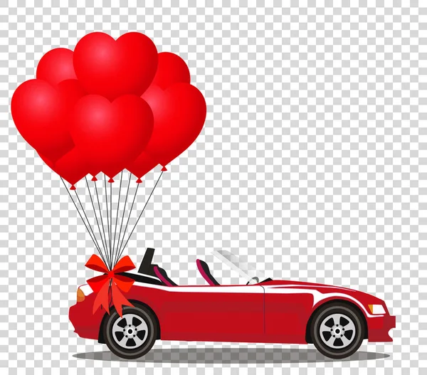 赤いヘリウム中心の束が付いて赤いモダンな開かれた漫画カブリオレ車透明な背景に分離されたお祝い弓とバルーンの形 スポーツ ベクトルの図 クリップアート — ストックベクタ