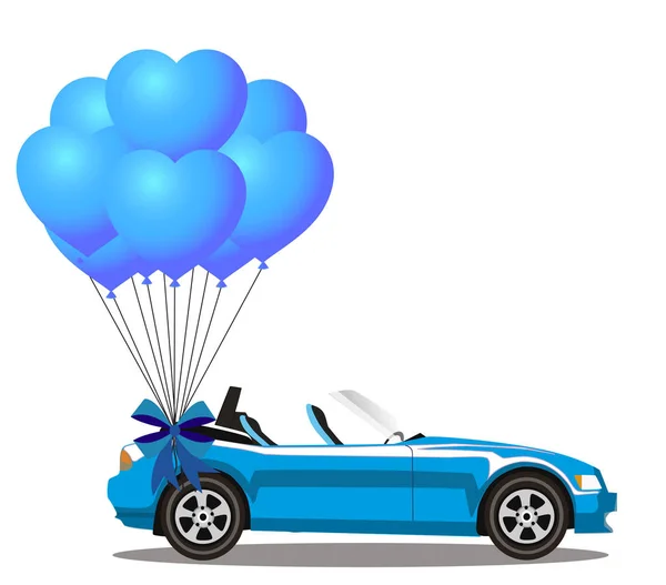 Bleu Moderne Ouvert Voiture Cabriolet Dessin Animé Avec Bouquet Ballons — Image vectorielle