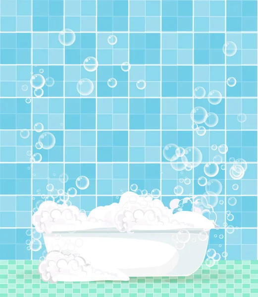 Bañera llena de espuma con burbujas de jabón flotante 0n azulejos azules — Vector de stock