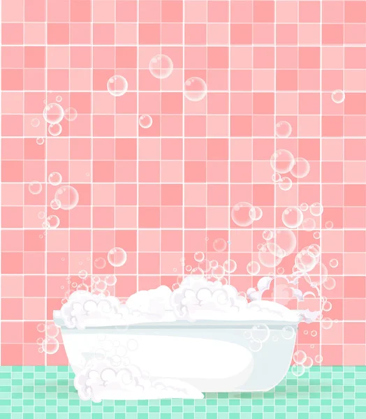 Cartoon bathtub full of foam on pink tiled background — Stock Vector