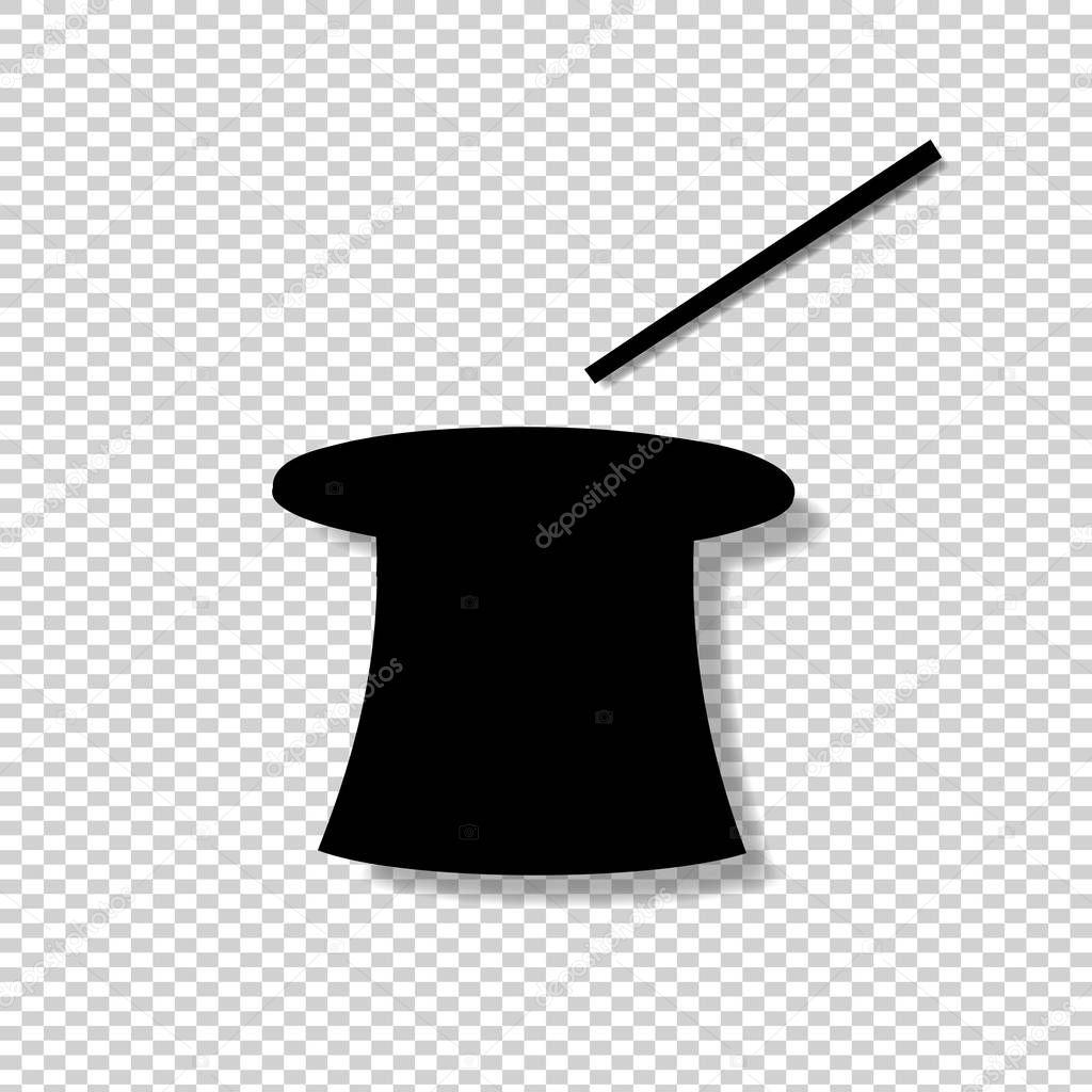 Black silhouette of magic cylinder top hat and wand isolated