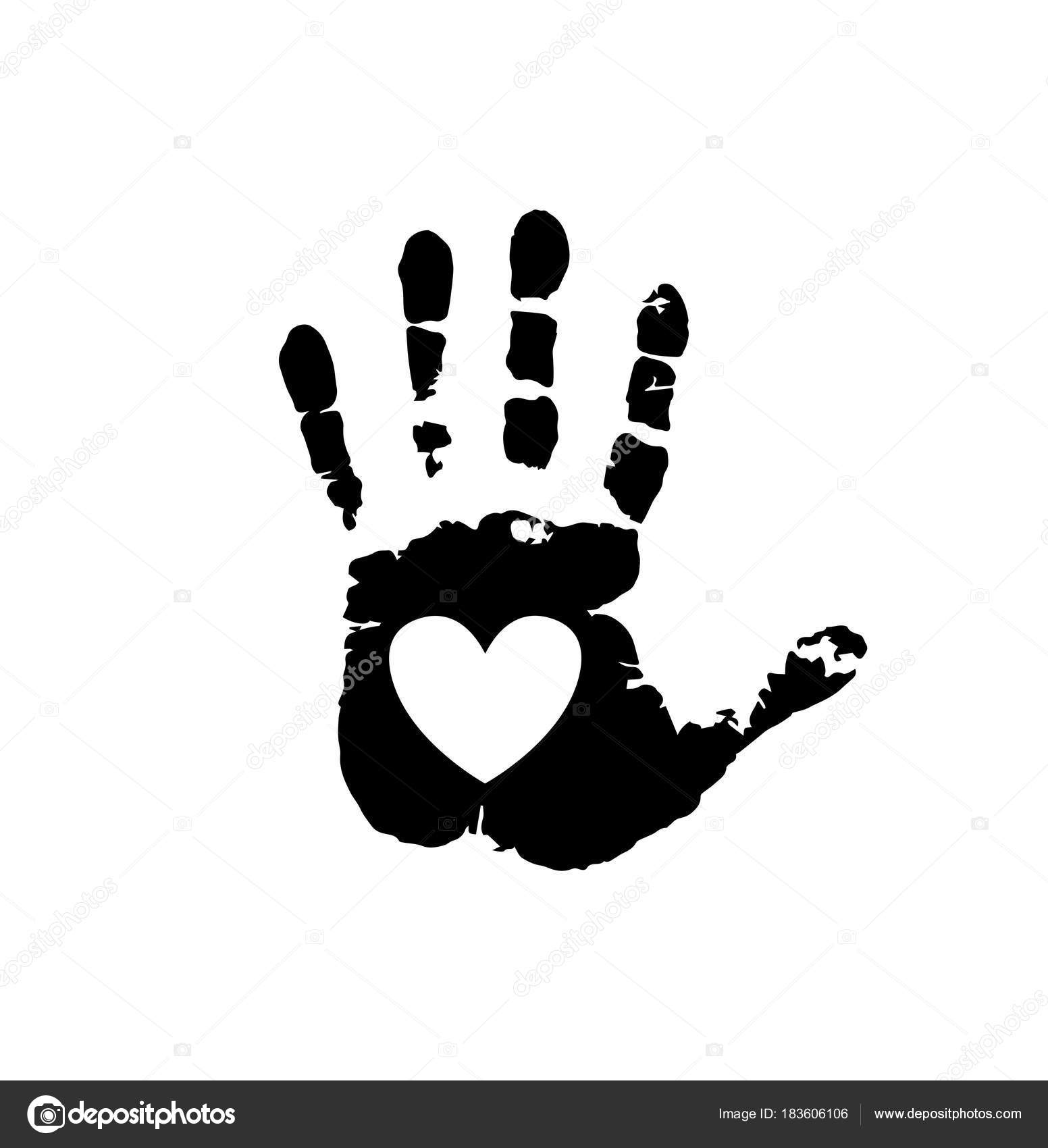 Black silhouette of human hand print with heart symbol ...