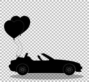 Cabriolet araba Kalp balonlar çifti ile siyah silüeti