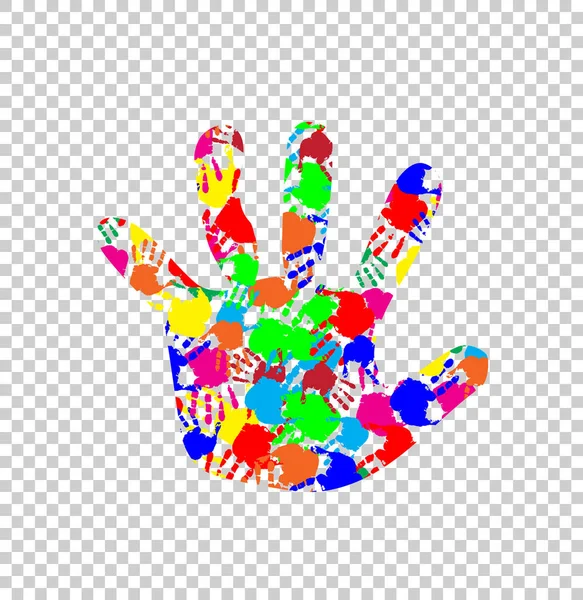Ilhouette de la mano del bebé con patrón colorido de la huella de mano — Vector de stock