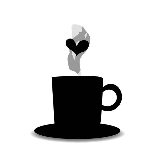 Fekete sziluettje tea vagy kávé-kupa steam és szív — Stock Vector