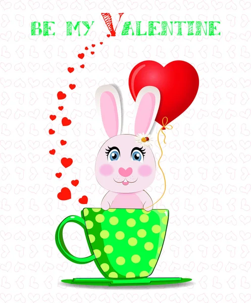 赤い風船とかわいいウサギと私のバレンタイン ポスト カード — ストックベクタ