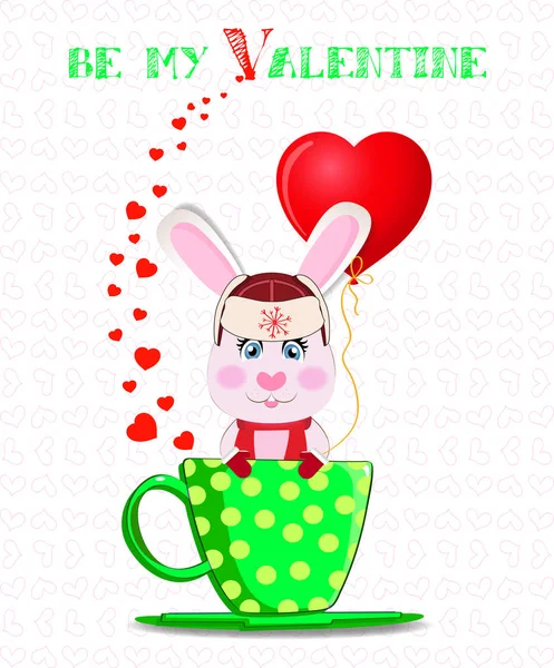 모자에 있는 귀여운 만화 토끼와 내 발렌타인 카드 — 스톡 벡터