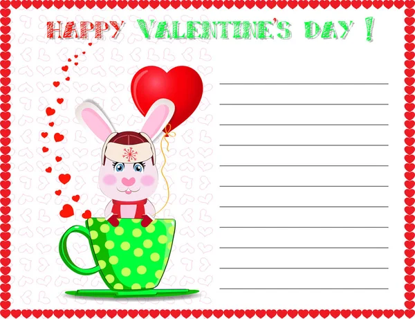 Tarjeta postal de felicitación de San Valentín con conejo en sombrero — Vector de stock