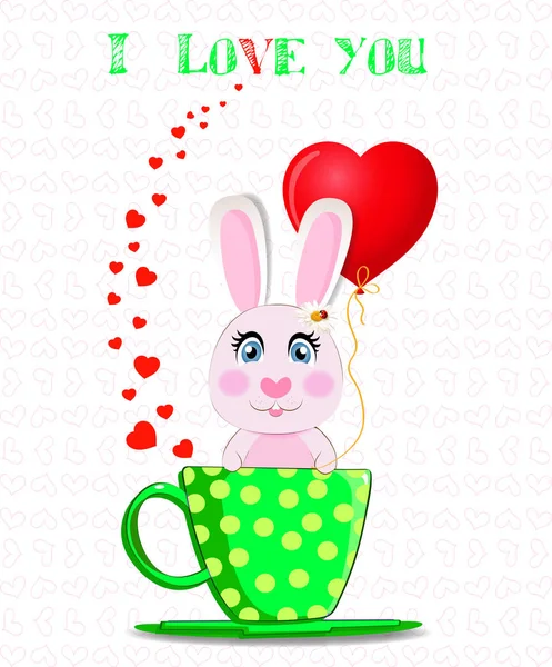กระต่ายถือบอลลูนหัวใจสีแดงนั่งอยู่ในถ้วยสีเขียว — ภาพเวกเตอร์สต็อก
