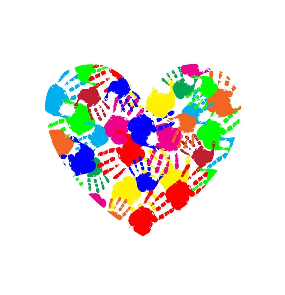 Icône coeur vibrant faite d'empreintes de mains multicolores — Image vectorielle