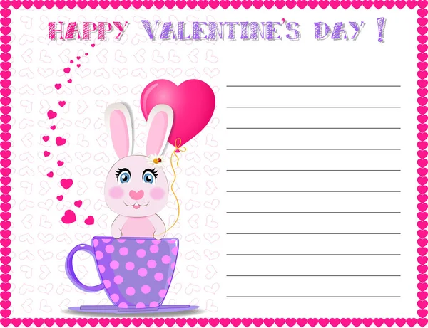 Happy Valentine's day greeting card with cute cartoon rabbit — Stock Vector