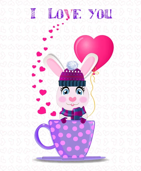 Coelho com balão de coração rosa em copo lilás e texto Eu te amo —  Vetores de Stock