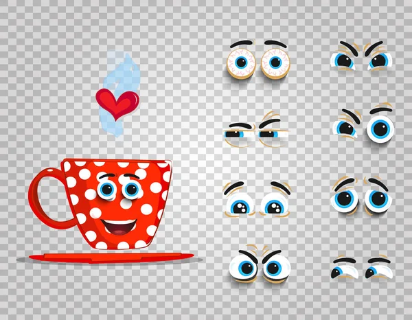 Lindo conjunto emoji de taza roja con colección de ojos cambiantes — Archivo Imágenes Vectoriales