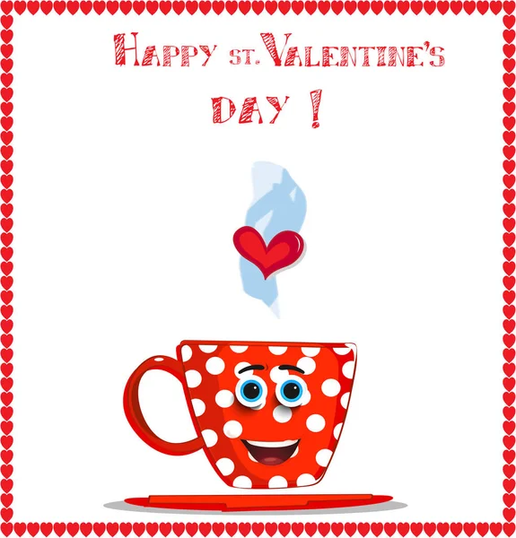 漫画マグカップを笑顔でバレンタインのグリーティング カード — ストックベクタ