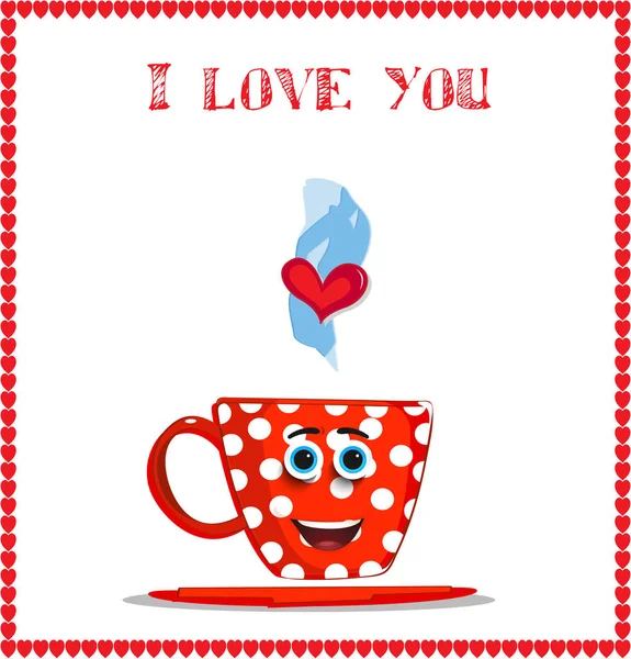 Eu amo você cartão com bonito sorrir caneca vermelha com bolinhas brancas —  Vetores de Stock
