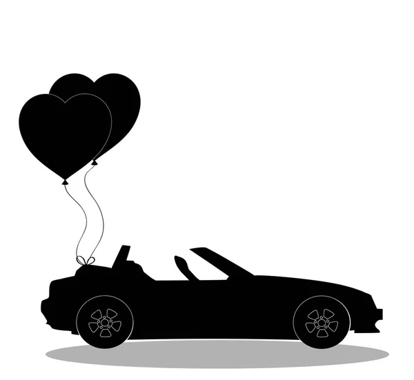 Silueta negra de coche abierto con par de globos de corazón — Vector de stock