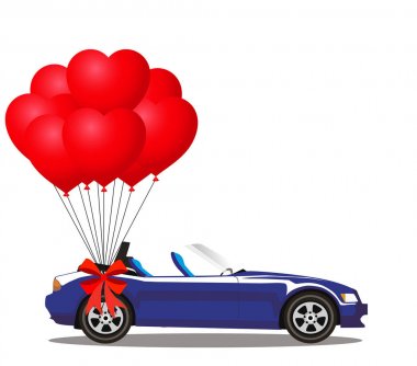 Koyu mavi modern açılan karikatür cabriolet araba balonlarla