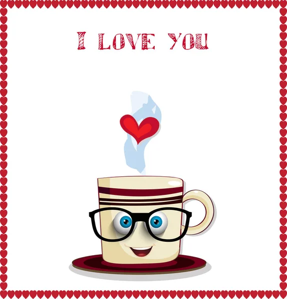 Eu amo você cartão com personagem bonito caneca de café em óculos — Vetor de Stock