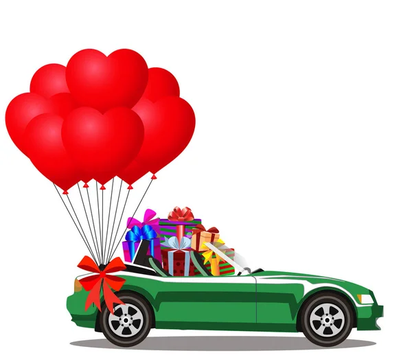 Cabriolet bil full av presentaskar och massa rött hjärta ballong — Stock vektor
