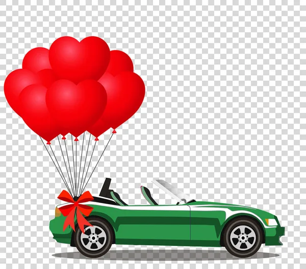 赤い風船の束が付いている緑漫画カブリオレ車 — ストックベクタ