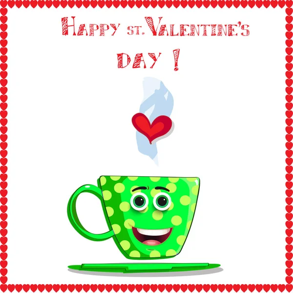 Зелена чашка кави зі усміхненим обличчям, очима та серцем у парі — стоковий вектор