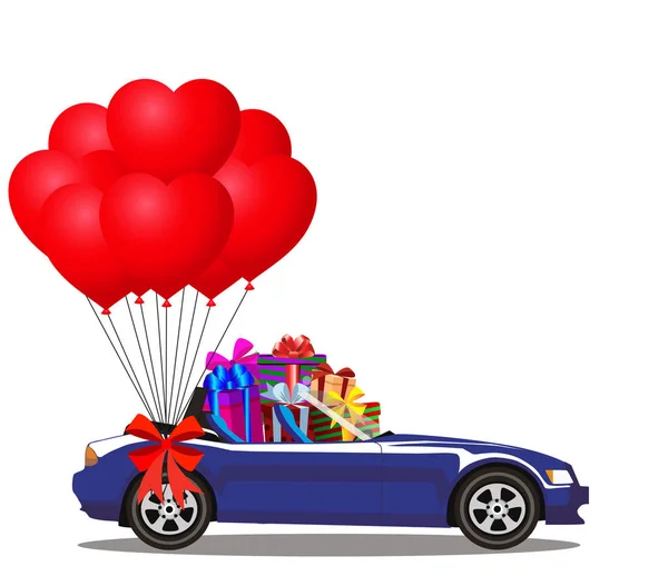 Cartoon cabriolet bil full av gåvor och massa ballonger — Stock vektor