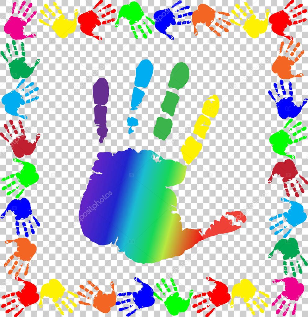 colored handprints border and big rainbow palm  in center